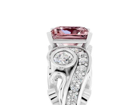 White gold Princess Cut Morganite Solitaire Ring with Milgrain Pavé Band and Four-Prong Setting_17