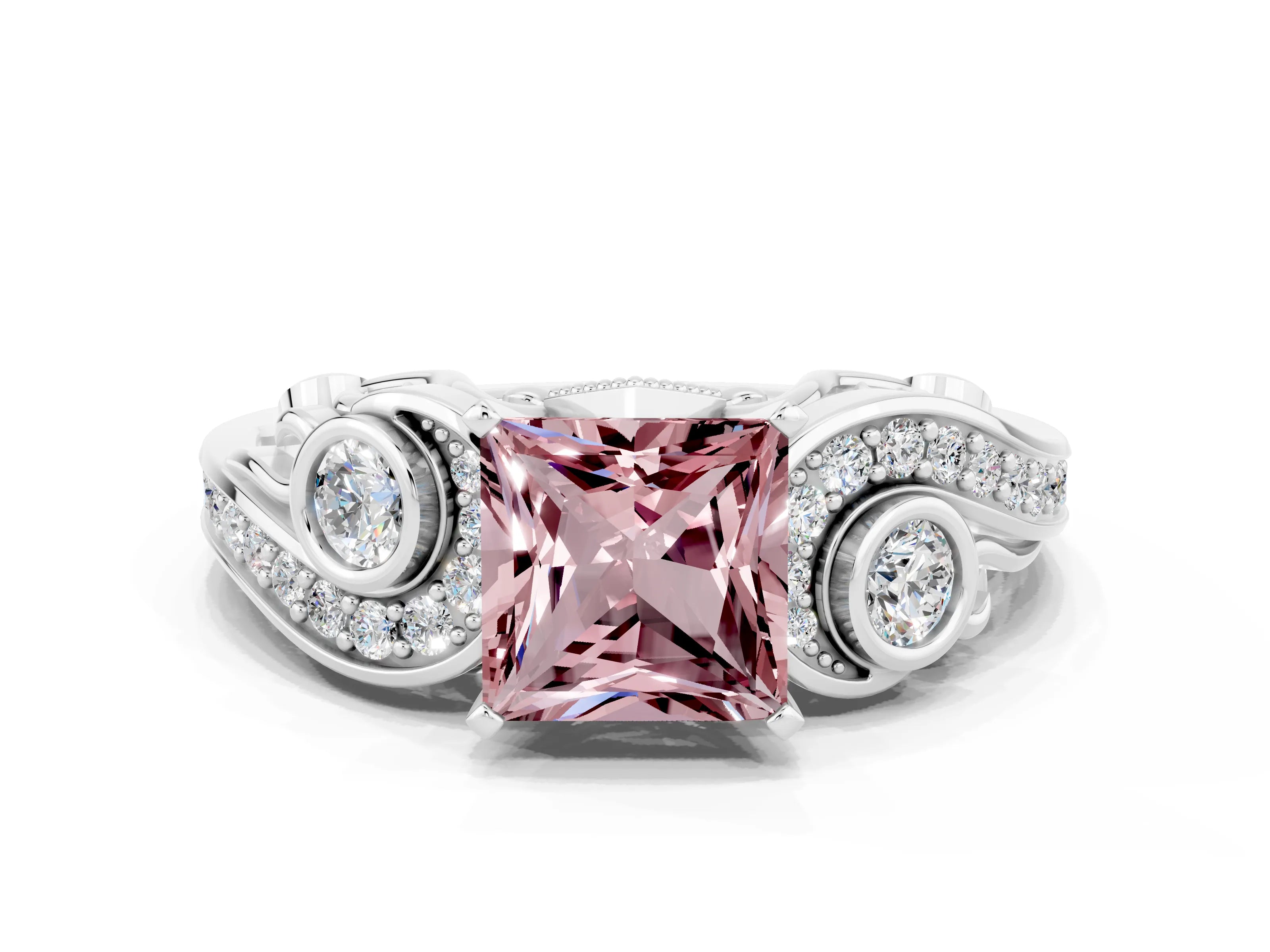 White gold Princess Cut Morganite Solitaire Ring with Milgrain Pavé Band and Four-Prong Setting_48