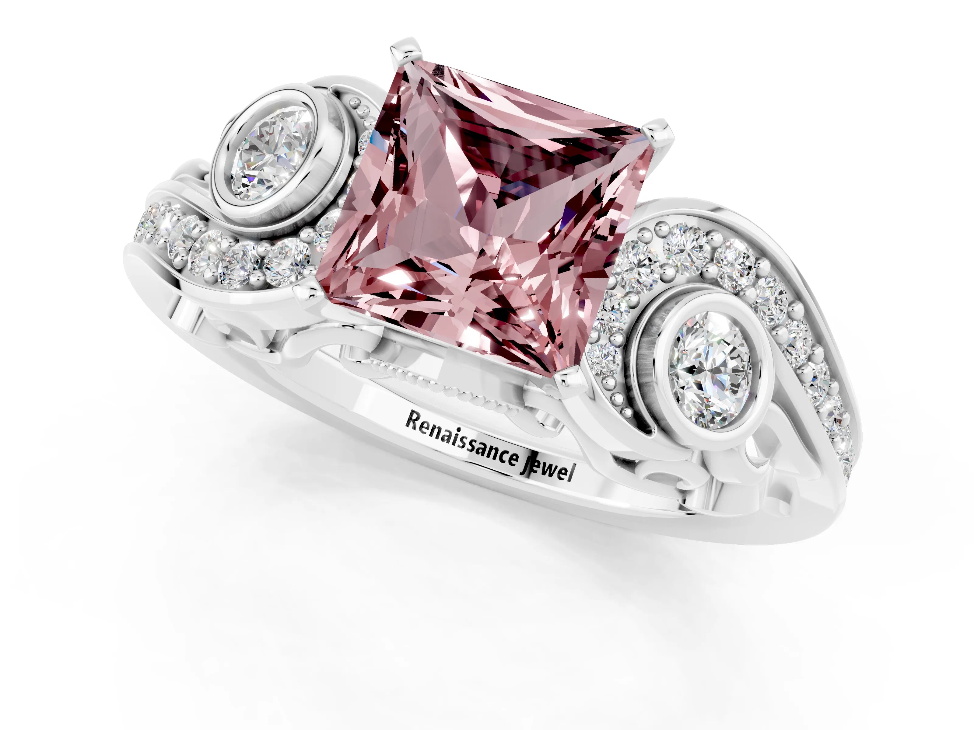 White gold Princess Cut Morganite Solitaire Ring with Milgrain Pavé Band and Four-Prong Setting_49