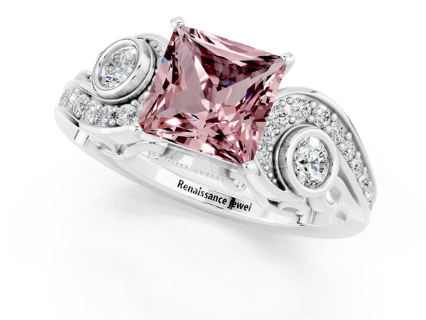 White gold Princess Cut Morganite Solitaire Ring with Milgrain Pavé Band and Four-Prong Setting