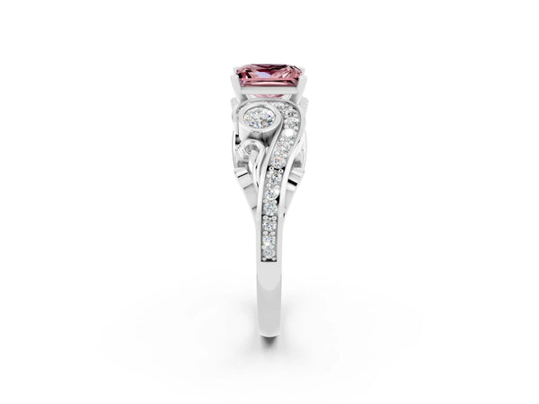 White gold Princess Cut Morganite Solitaire Ring with Milgrain Pavé Band and Four-Prong Setting