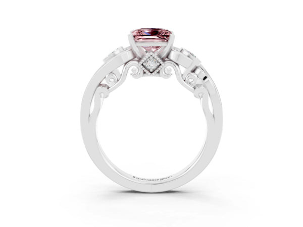 White gold Princess Cut Morganite Solitaire Ring with Milgrain Pavé Band and Four-Prong Setting