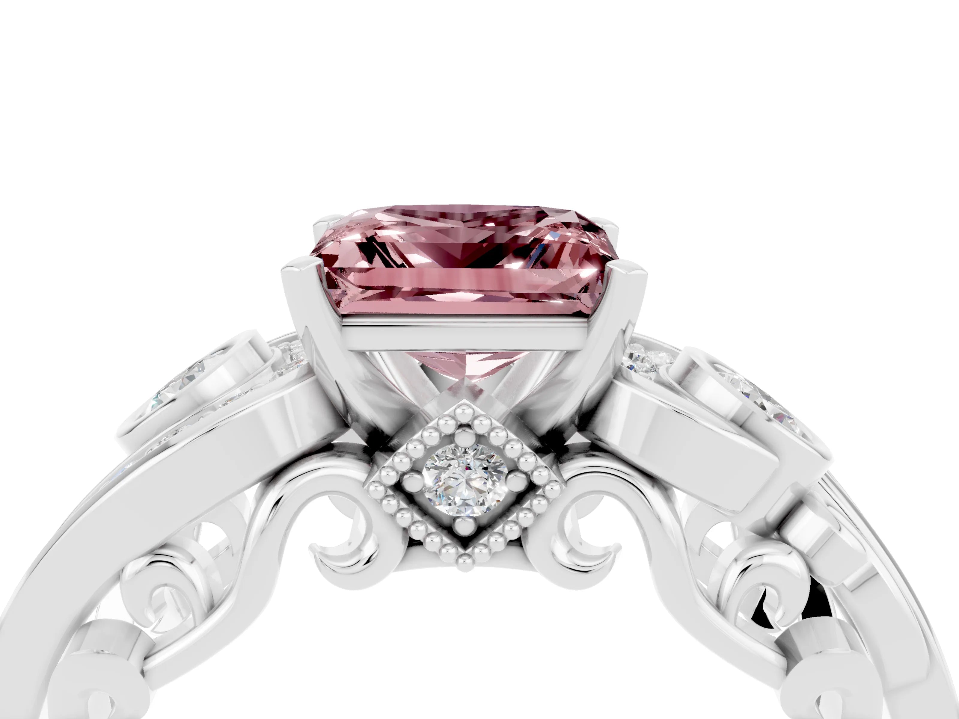 White gold Princess Cut Morganite Solitaire Ring with Milgrain Pavé Band and Four-Prong Setting_52