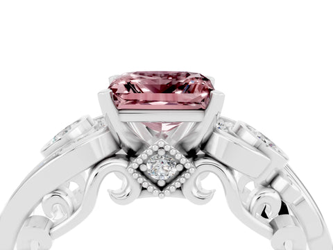 White gold Princess Cut Morganite Solitaire Ring with Milgrain Pavé Band and Four-Prong Setting_52