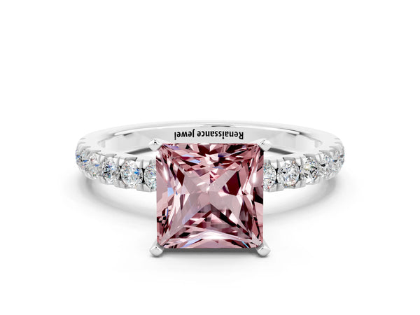 Platinum Princess Cut Morganite Solitaire Ring with Pavé Accents and Four-Prong Setting