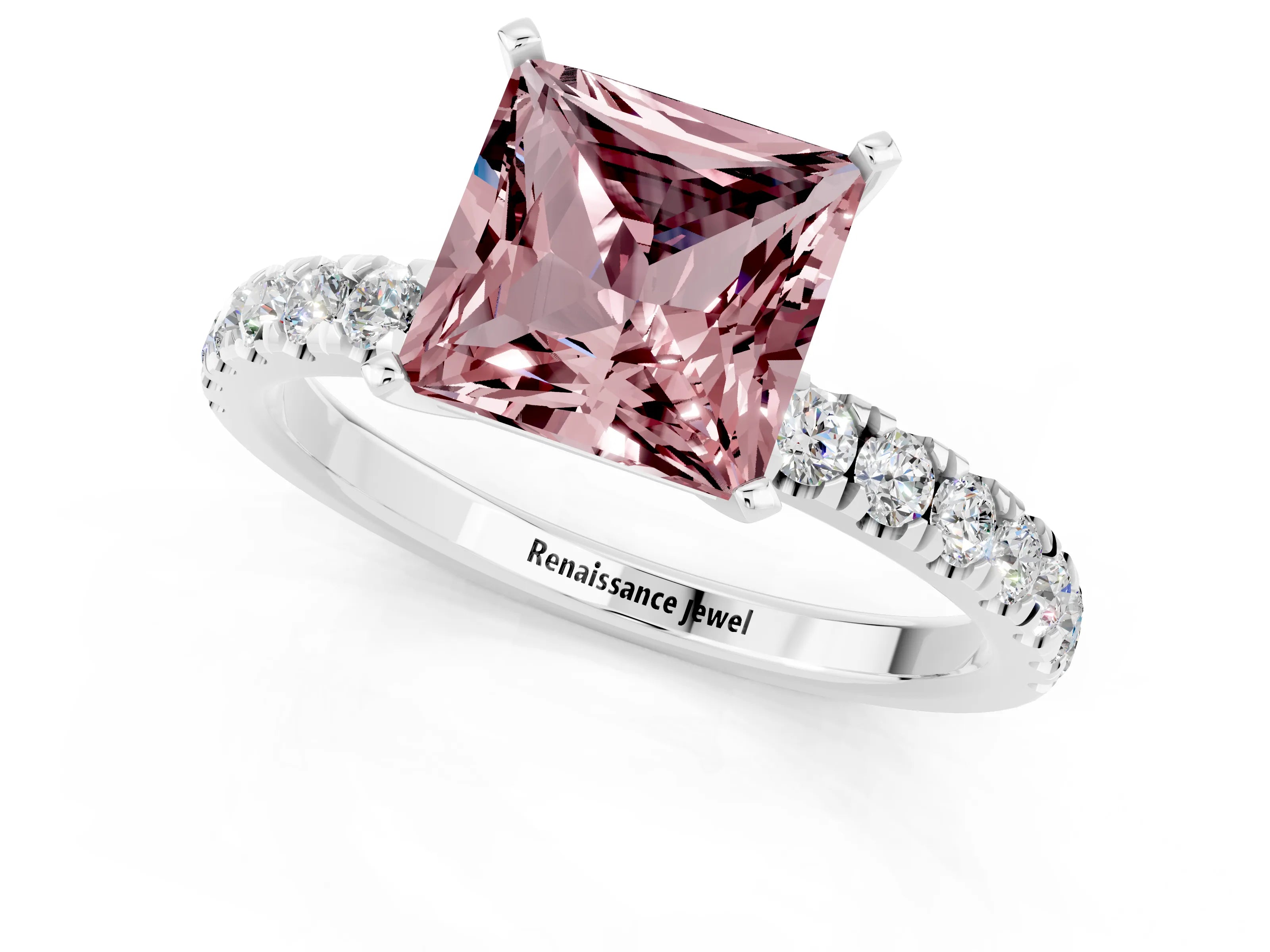 White gold Princess Cut Morganite Solitaire Ring with Pavé Accents and Four-Prong Setting_1
