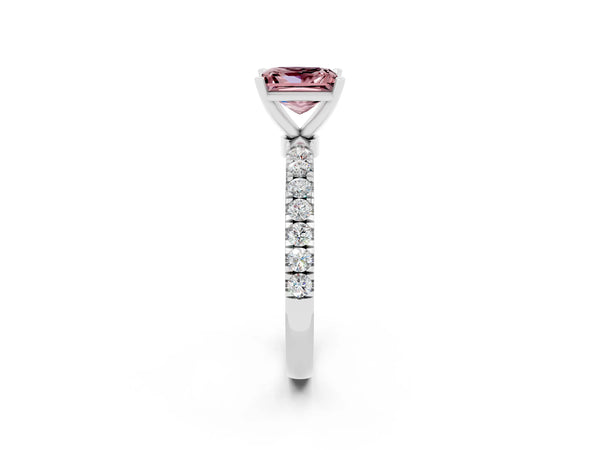 Platinum Princess Cut Morganite Solitaire Ring with Pavé Accents and Four-Prong Setting