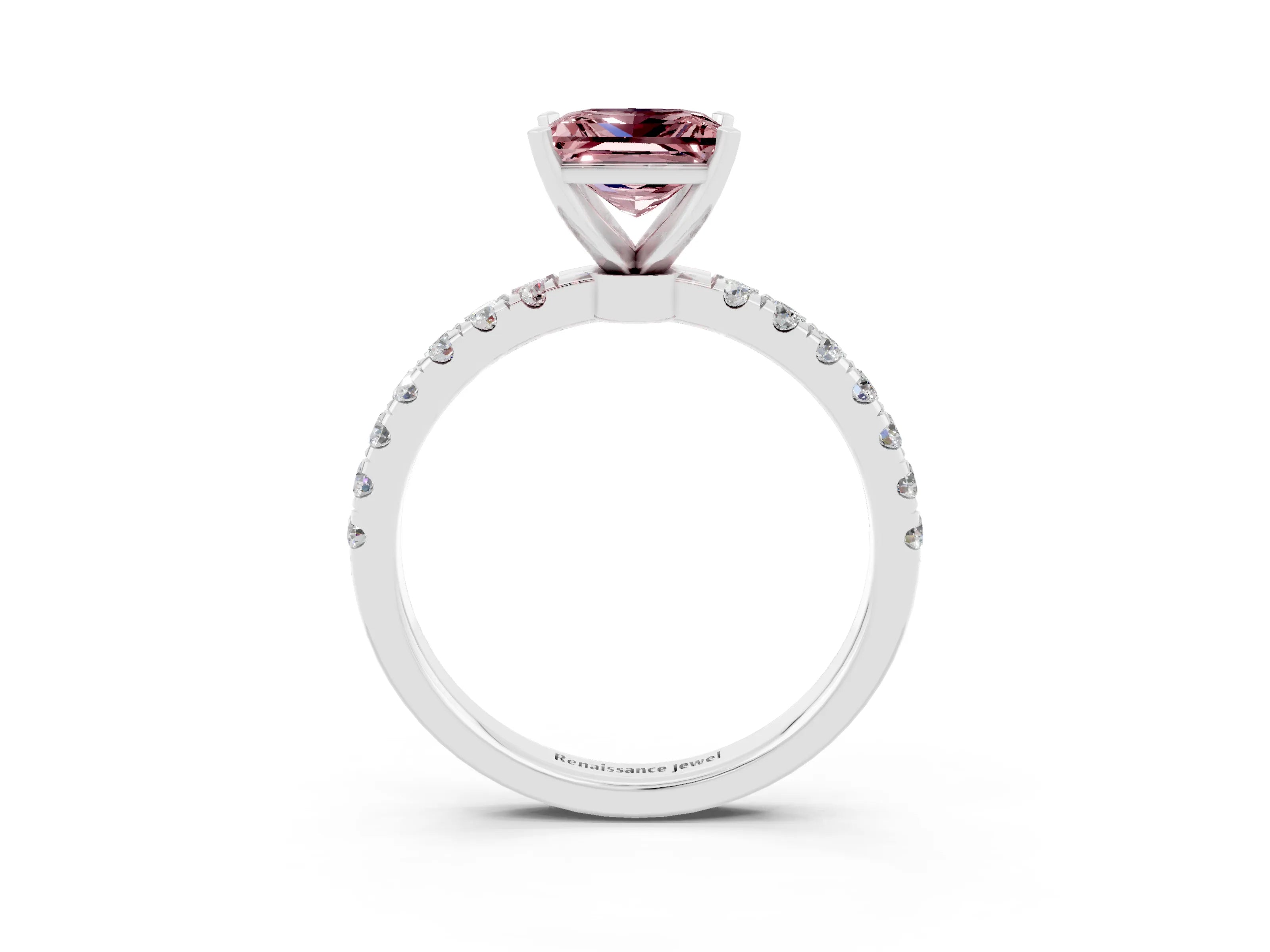 White gold Princess Cut Morganite Solitaire Ring with Pavé Accents and Four-Prong Setting_3
