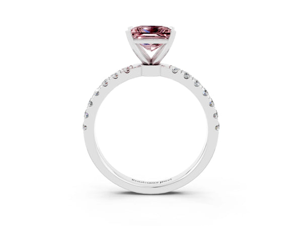White gold Princess Cut Morganite Solitaire Ring with Pavé Accents and Four-Prong Setting