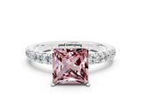 White gold Princess Cut Morganite Solitaire Ring with Pavé Accents and Four-Prong Setting