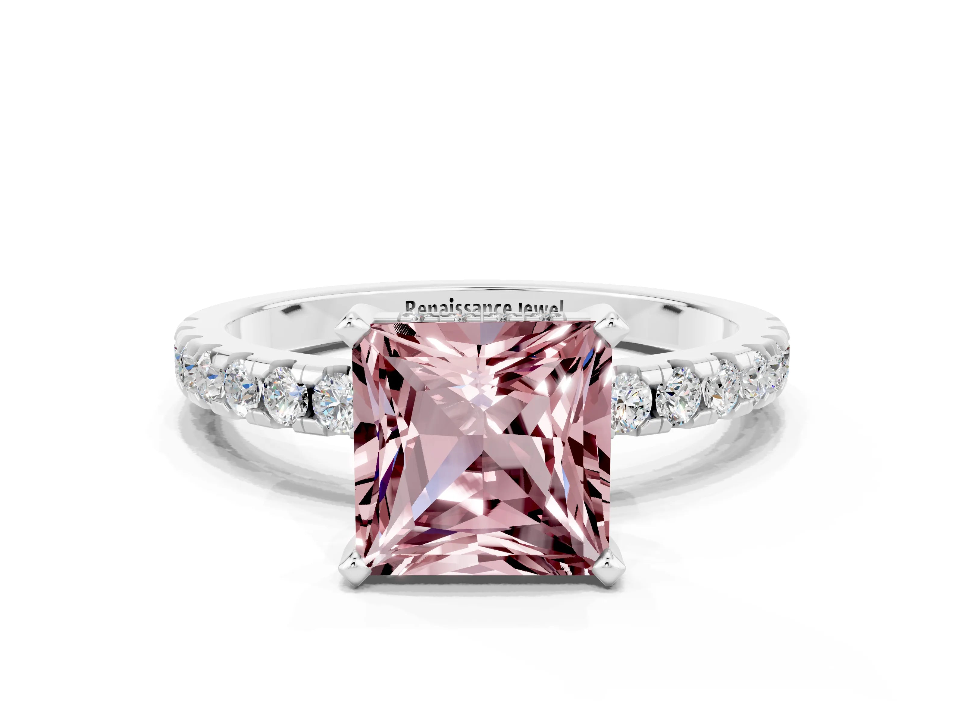 White gold Princess Cut Morganite Solitaire Ring with Pavé Band and Four-Prong Setting_12