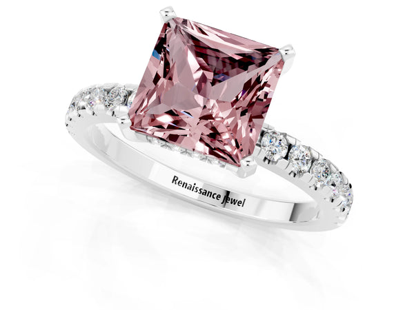Platinum Princess Cut Morganite Solitaire Ring with Round  Pavé Band and Four-Prong Setting