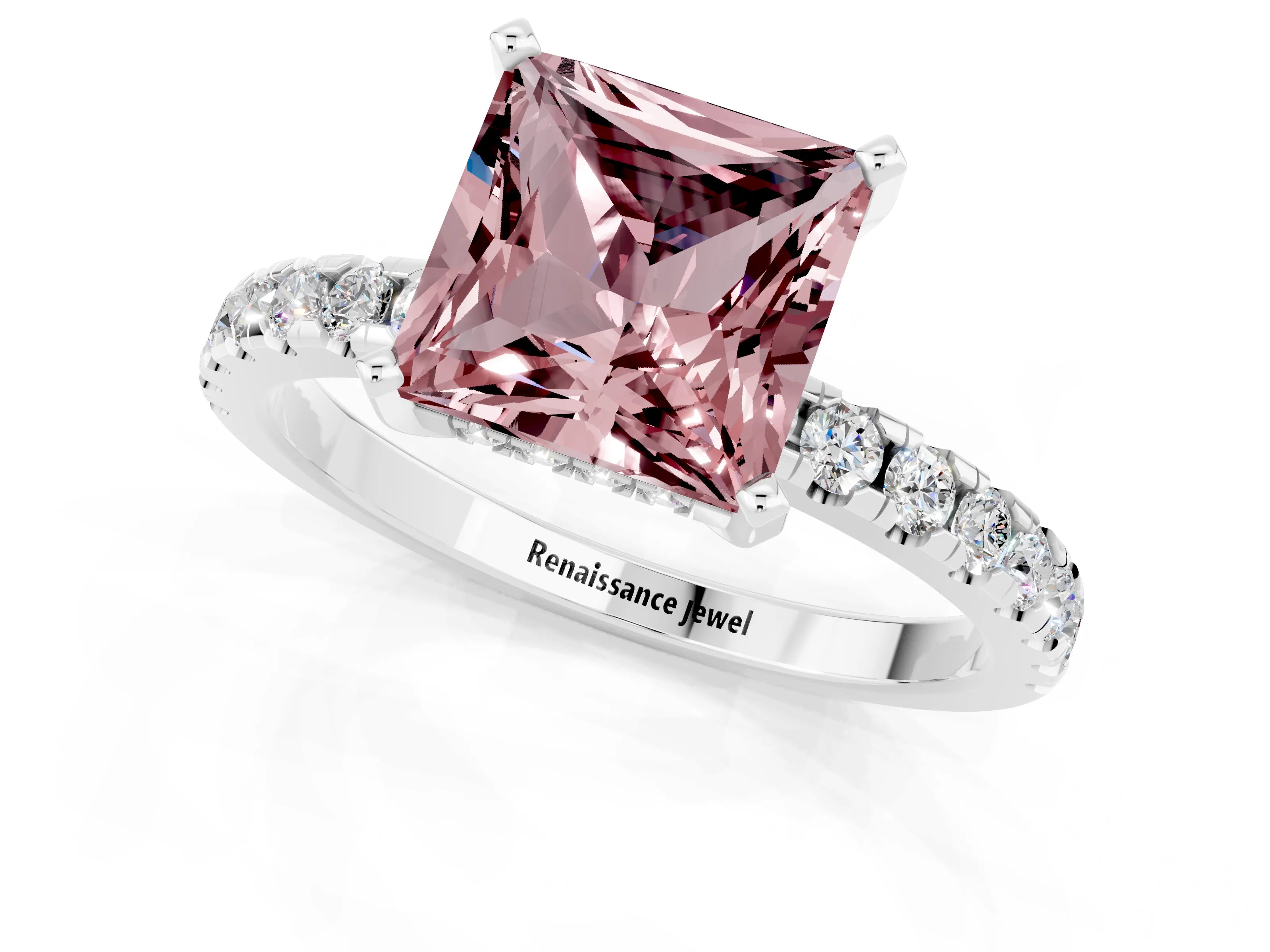 White gold Princess Cut Morganite Solitaire Ring with Pavé Band and Four-Prong Setting_13