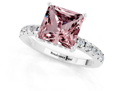 White gold Princess Cut Morganite Solitaire Ring with Pavé Band and Four-Prong Setting_13