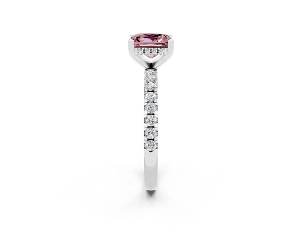 Platinum Princess Cut Morganite Solitaire Ring with Round  Pavé Band and Four-Prong Setting