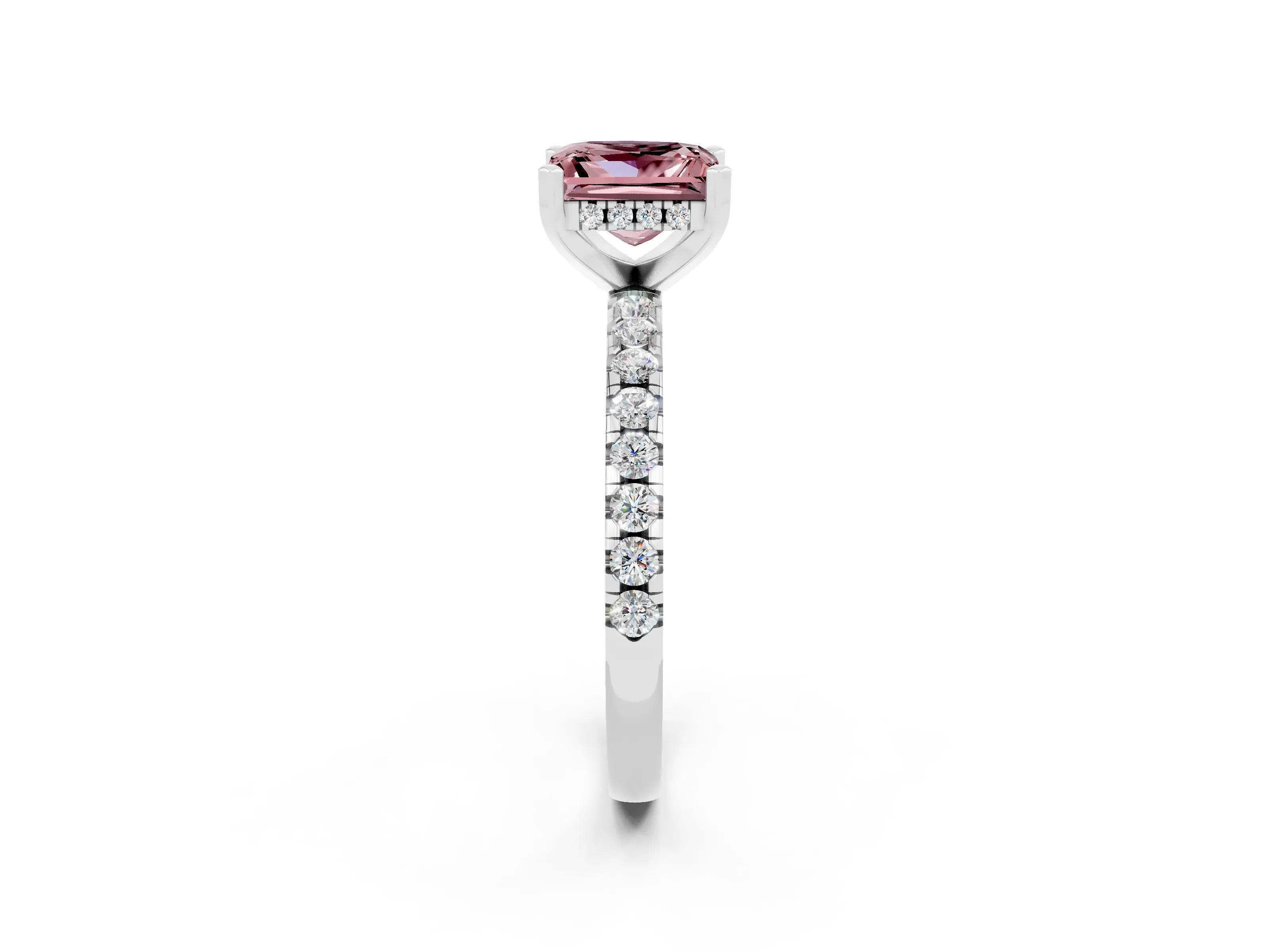White gold Princess Cut Morganite Solitaire Ring with Pavé Band and Four-Prong Setting_14