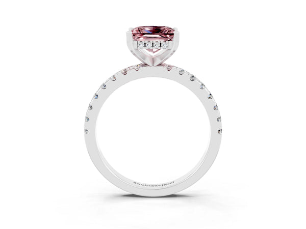 Platinum Princess Cut Morganite Solitaire Ring with Round  Pavé Band and Four-Prong Setting