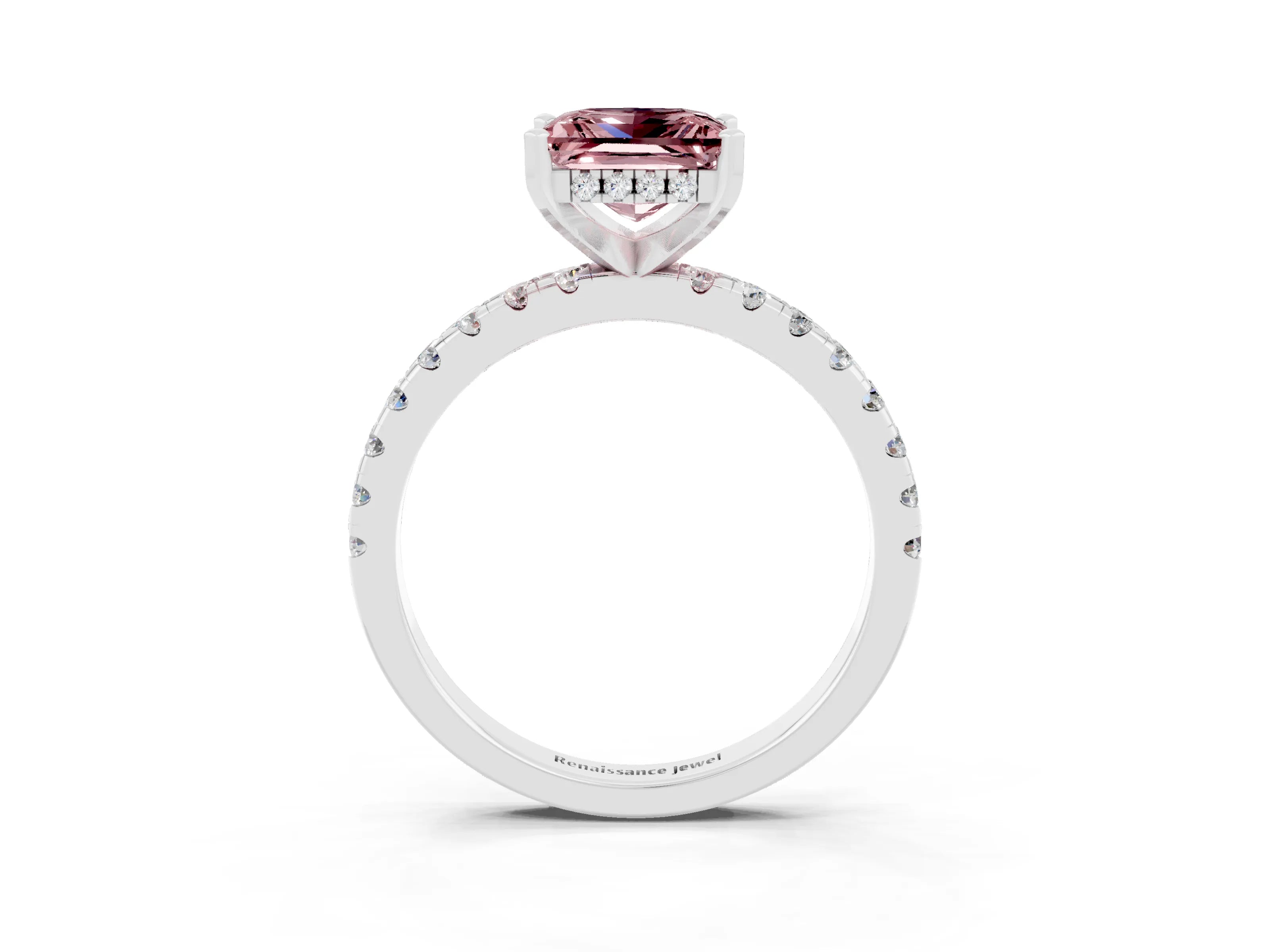 White gold Princess Cut Morganite Solitaire Ring with Pavé Band and Four-Prong Setting_15