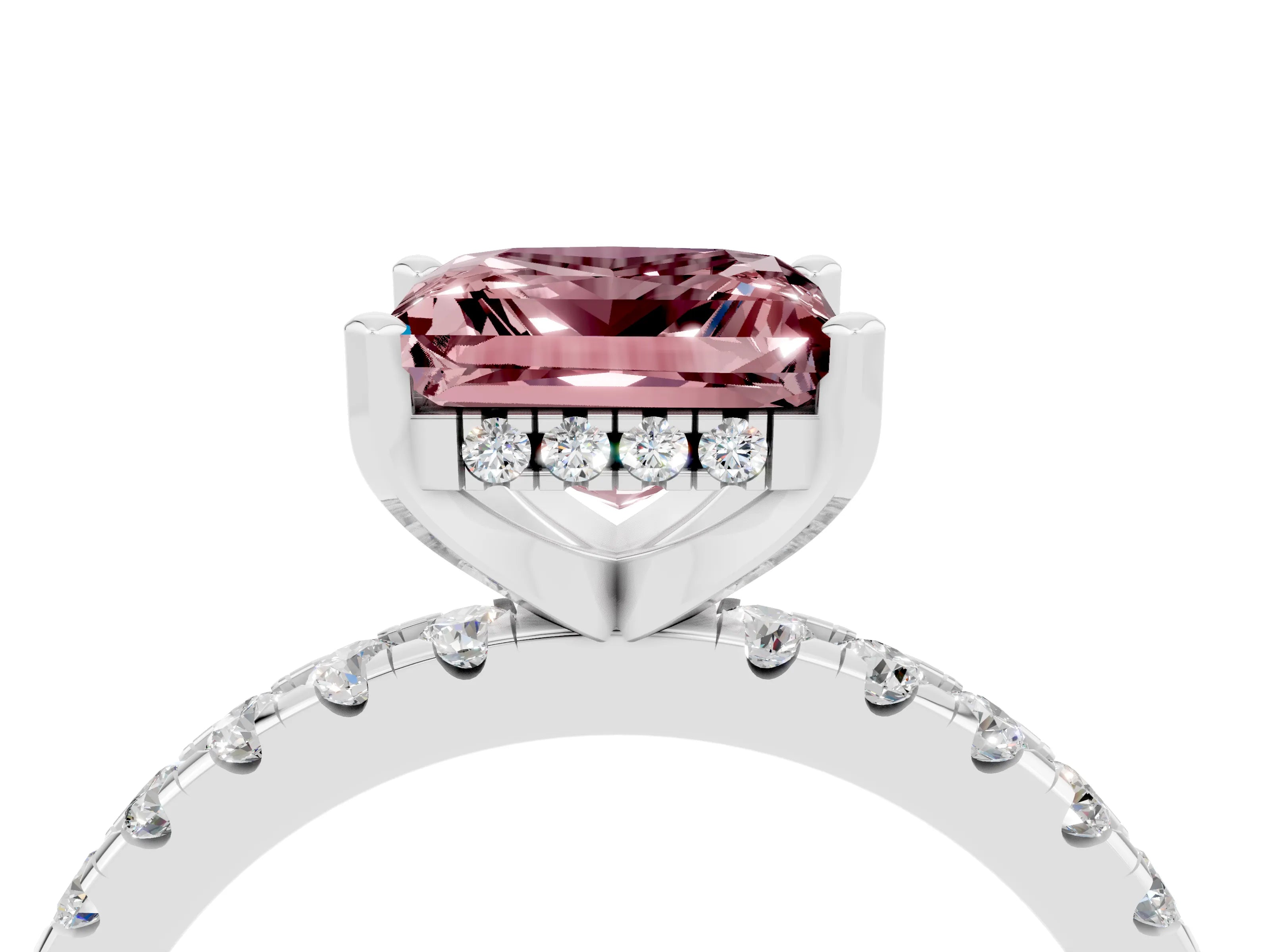 White gold Princess Cut Morganite Solitaire Ring with Pavé Band and Four-Prong Setting_16