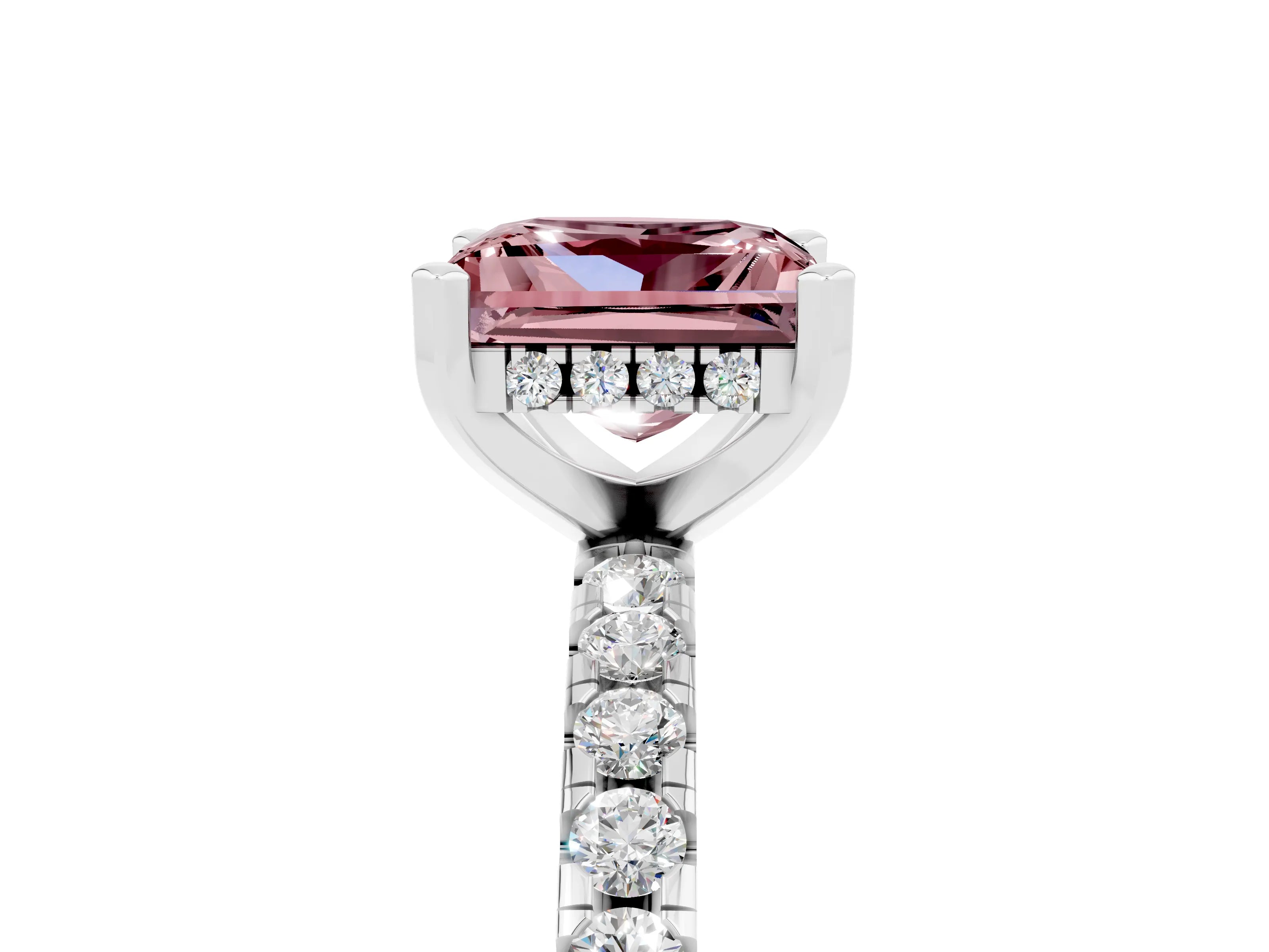 White gold Princess Cut Morganite Solitaire Ring with Pavé Band and Four-Prong Setting_17