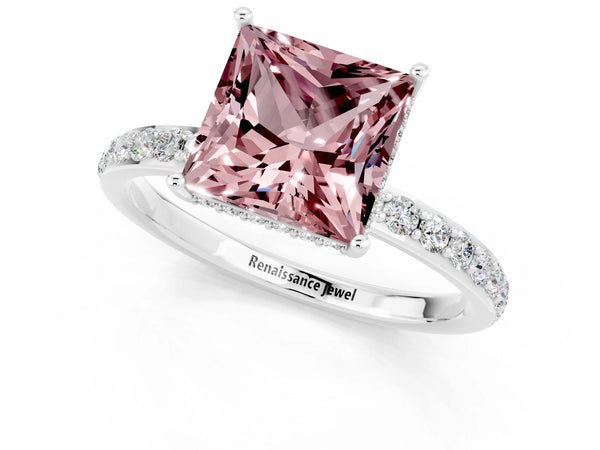 Platinum Princess Cut Morganite Solitaire Ring with Pavé Band and Hidden Halo