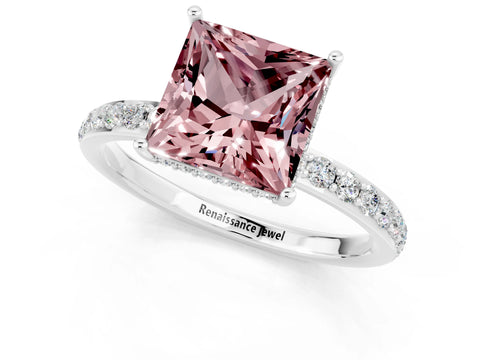 White gold Princess Cut Morganite Solitaire Ring with Pavé Band and Hidden Halo_1