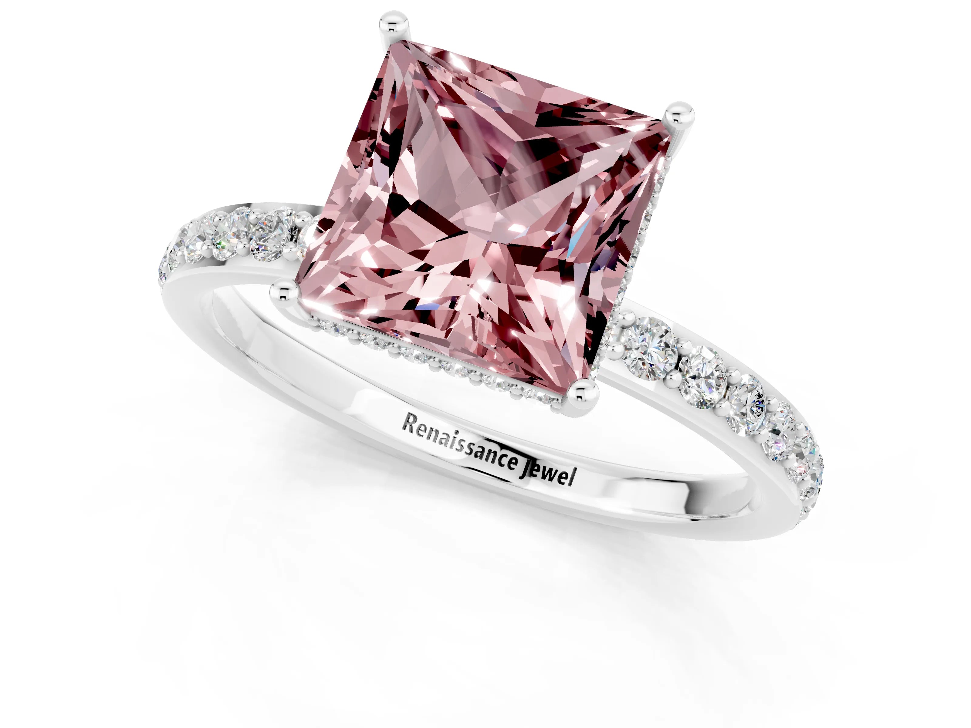 White gold Princess Cut Morganite Solitaire Ring with Pavé Band and Hidden Halo_25