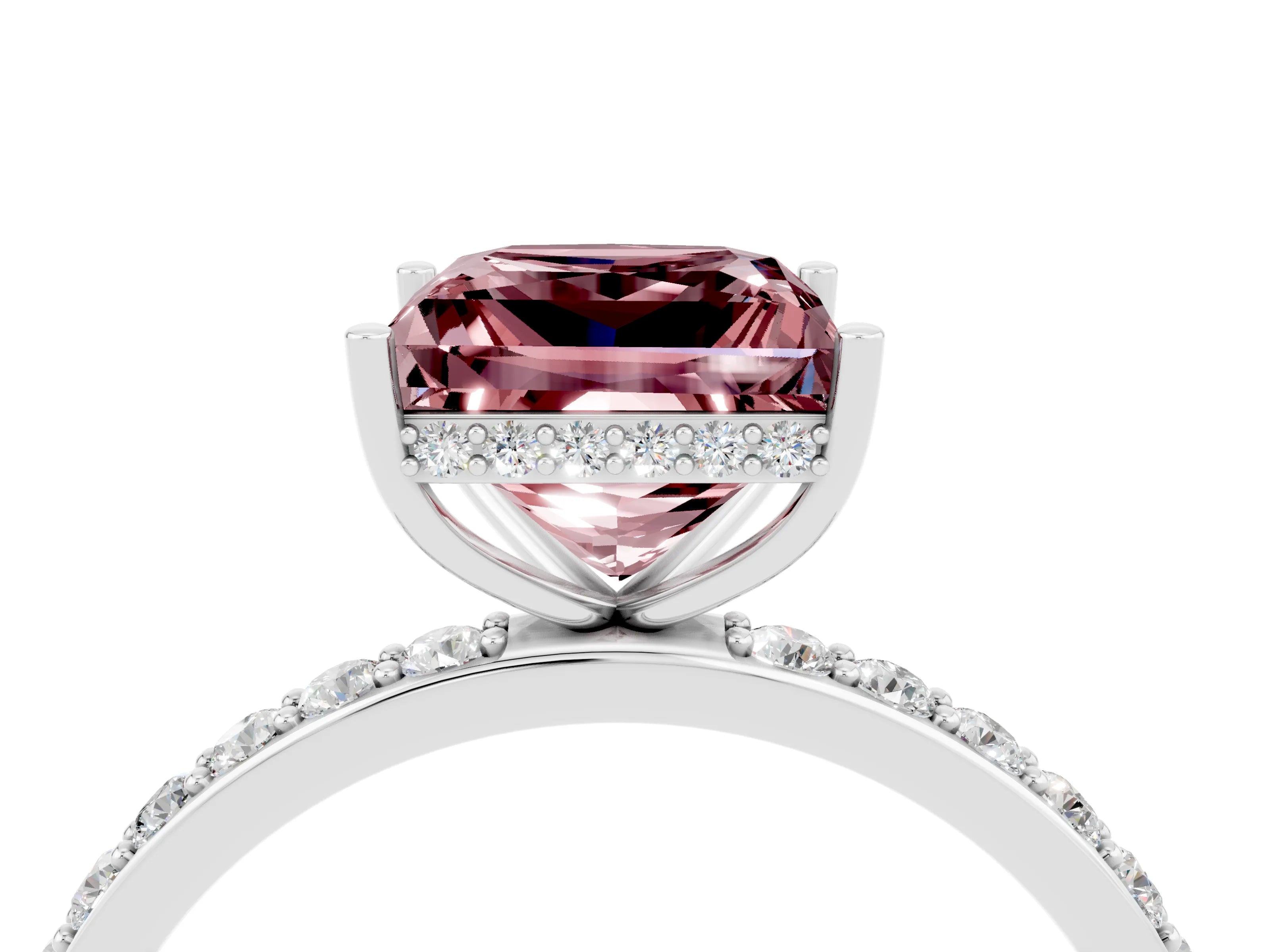 White gold Princess Cut Morganite Solitaire Ring with Pavé Band and Hidden Halo_28