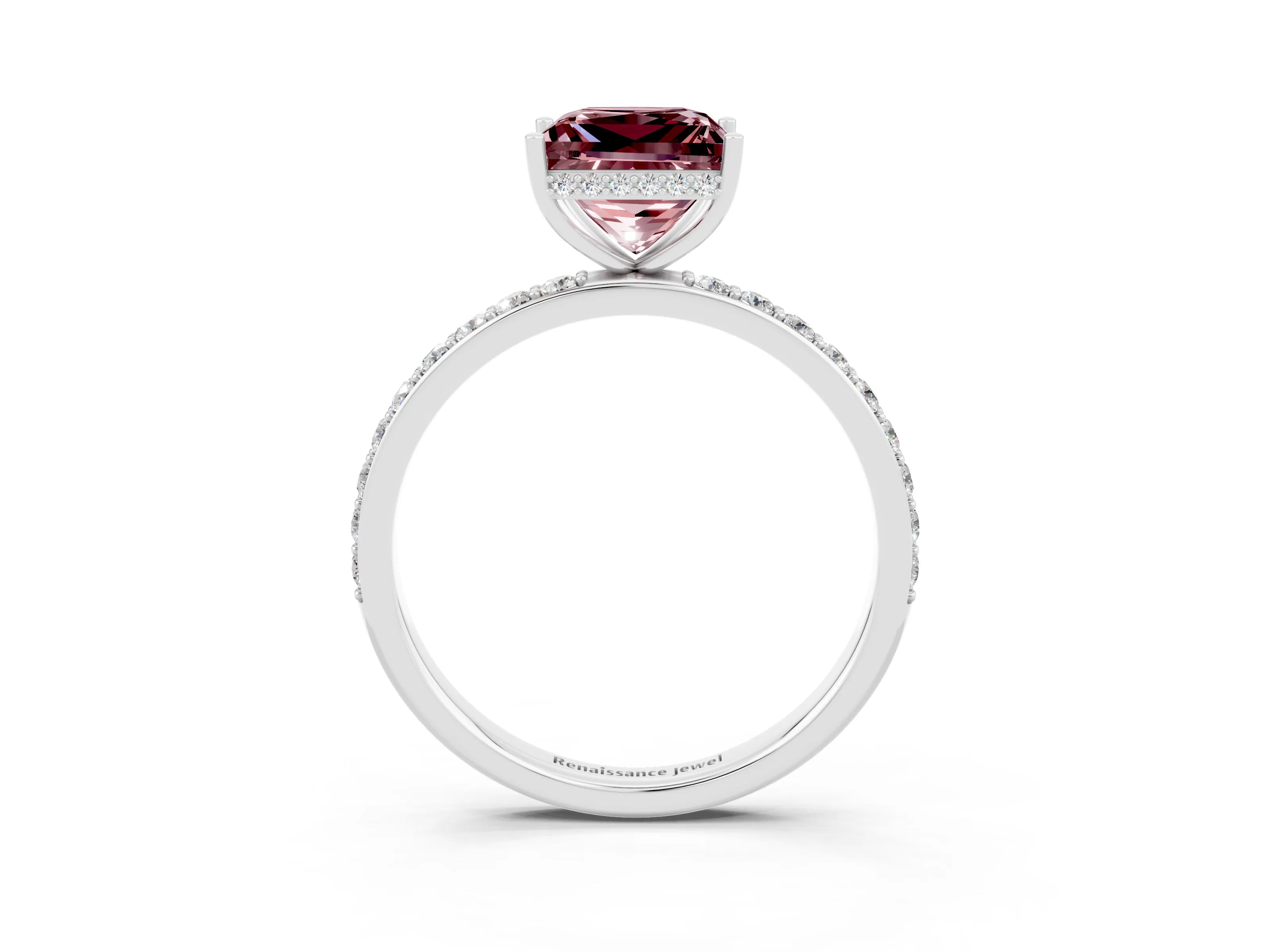 White gold Princess Cut Morganite Solitaire Ring with Pavé Band and Hidden Halo_3