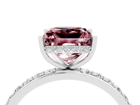White gold Princess Cut Morganite Solitaire Ring with Pavé Band and Hidden Halo_4