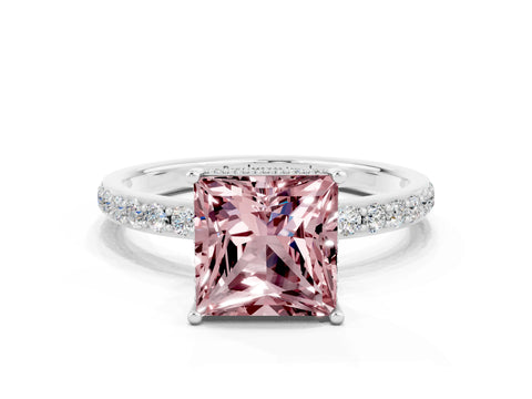 White gold Princess Cut Morganite Solitaire Ring with Pavé Band and Hidden Halo