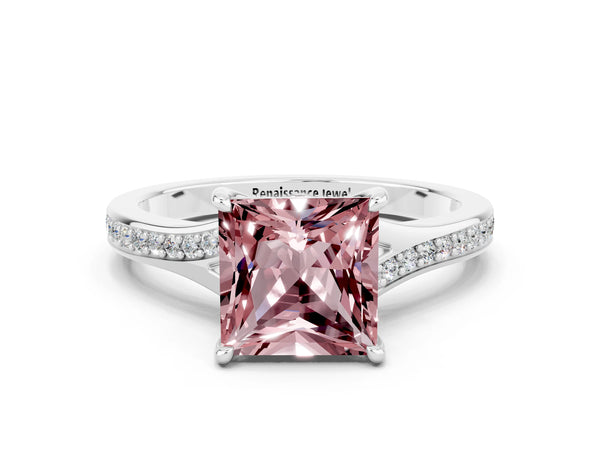 Platinum Princess Cut Morganite Solitaire Ring with Pavé Band and Prong Setting