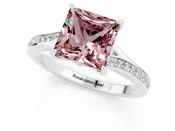 White gold Princess Cut Morganite Solitaire Ring with Pavé Band and Prong Setting
