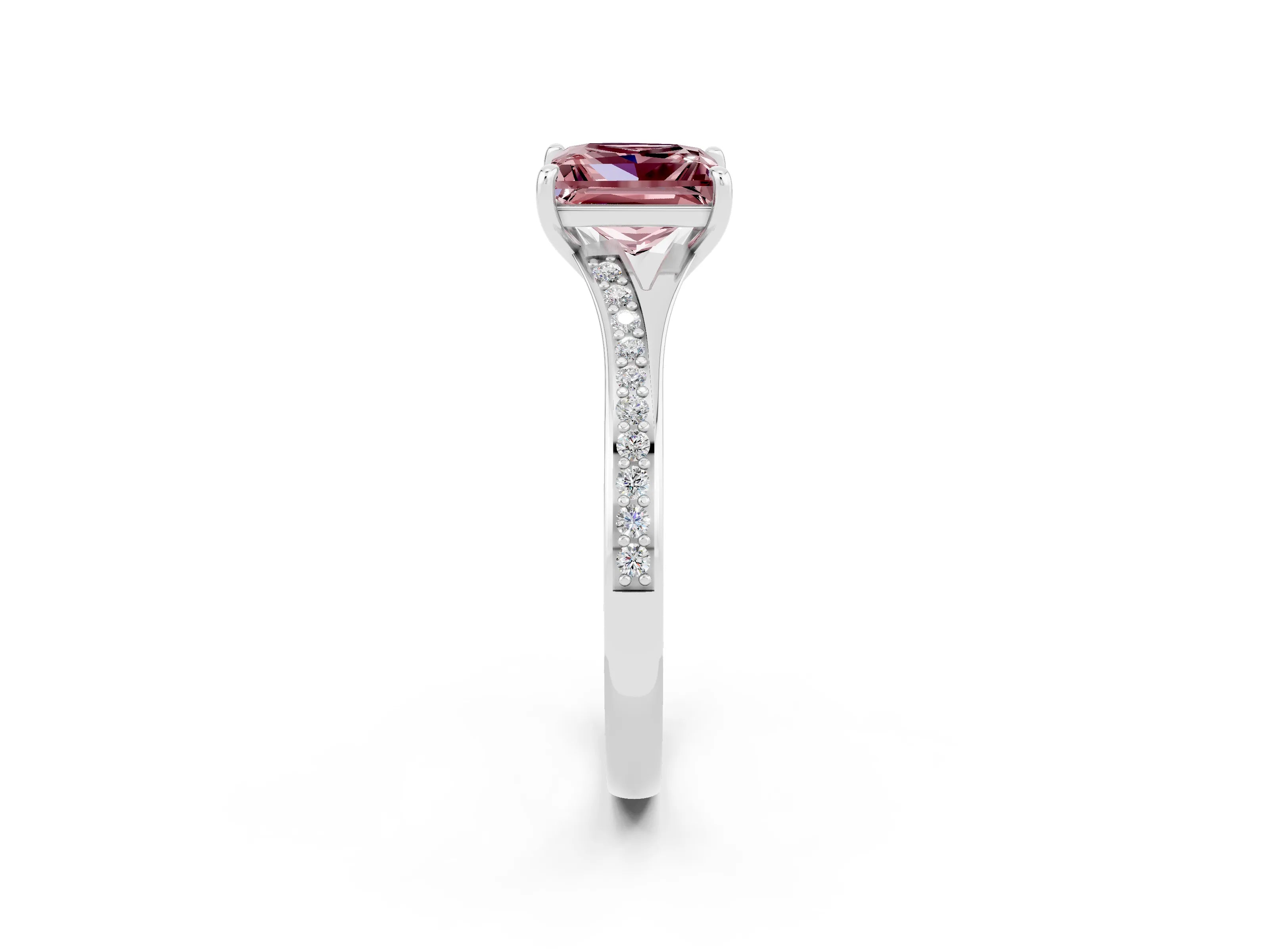 White gold Princess Cut Morganite Solitaire Ring with Pavé Band and Prong Setting_2
