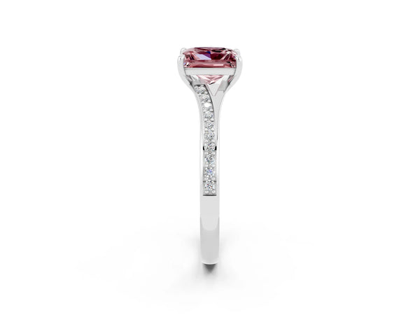 White gold Princess Cut Morganite Solitaire Ring with Pavé Band and Prong Setting