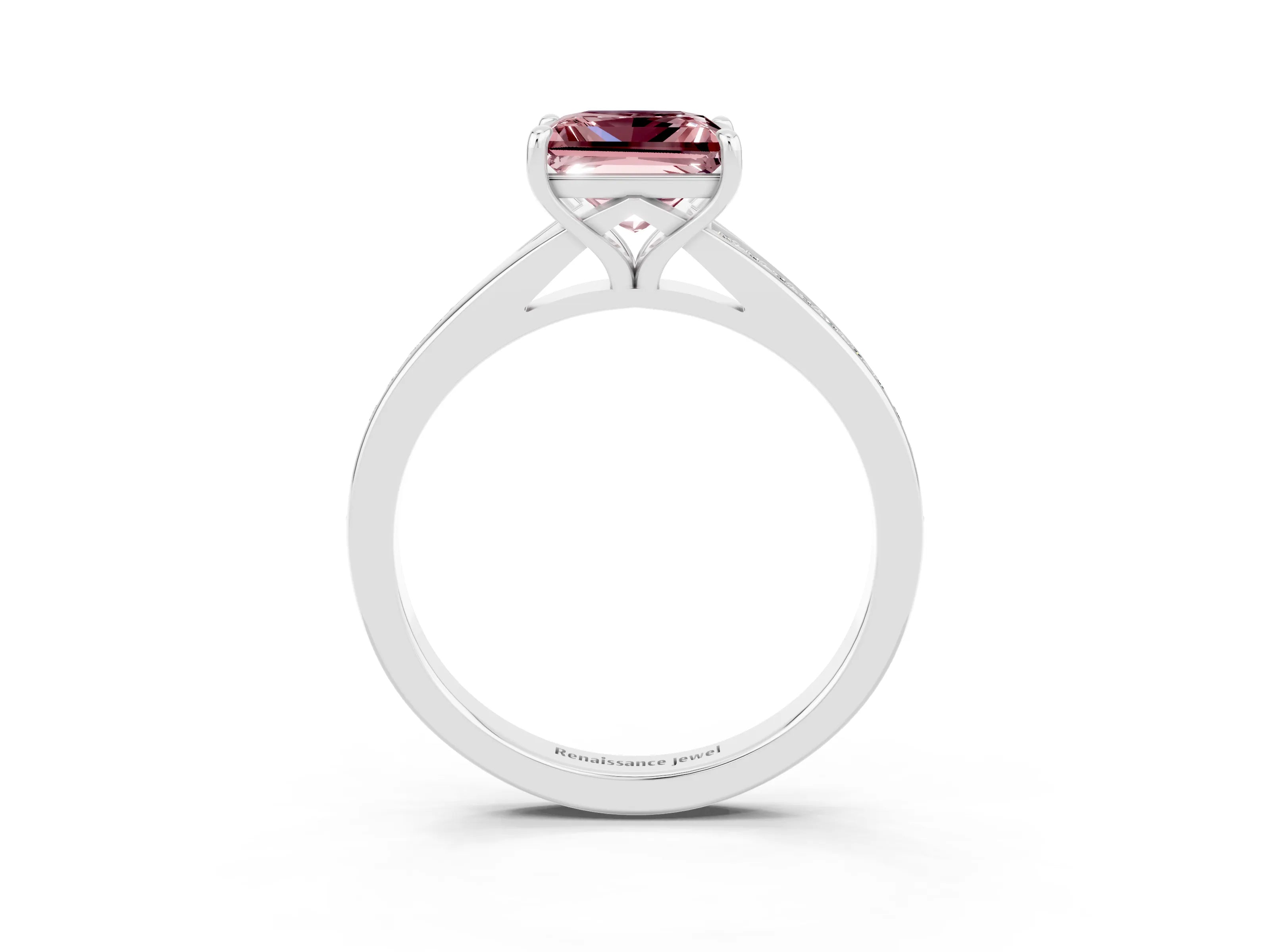 White gold Princess Cut Morganite Solitaire Ring with Pavé Band and Prong Setting_3
