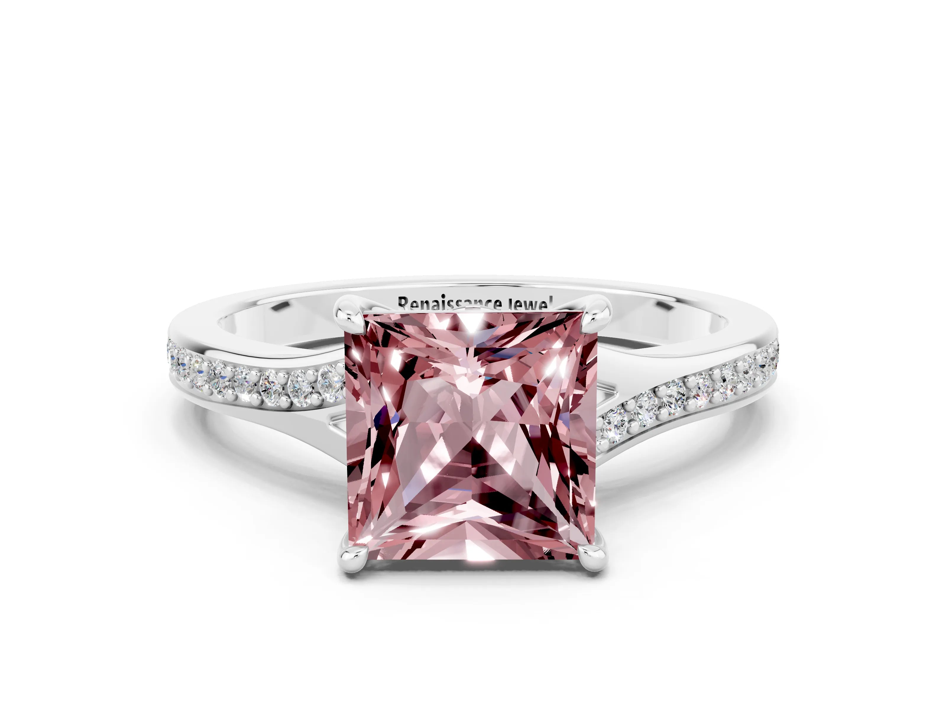 White gold Princess Cut Morganite Solitaire Ring with Pavé Band and Prong Setting