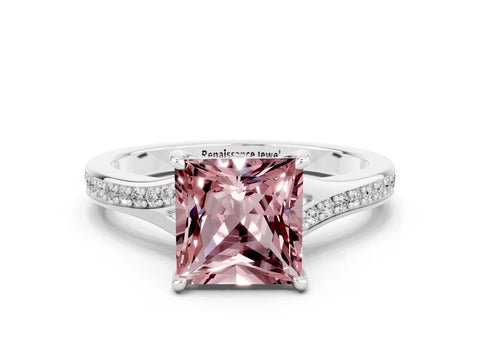 White gold Princess Cut Morganite Solitaire Ring with Pavé Band and Prong Setting