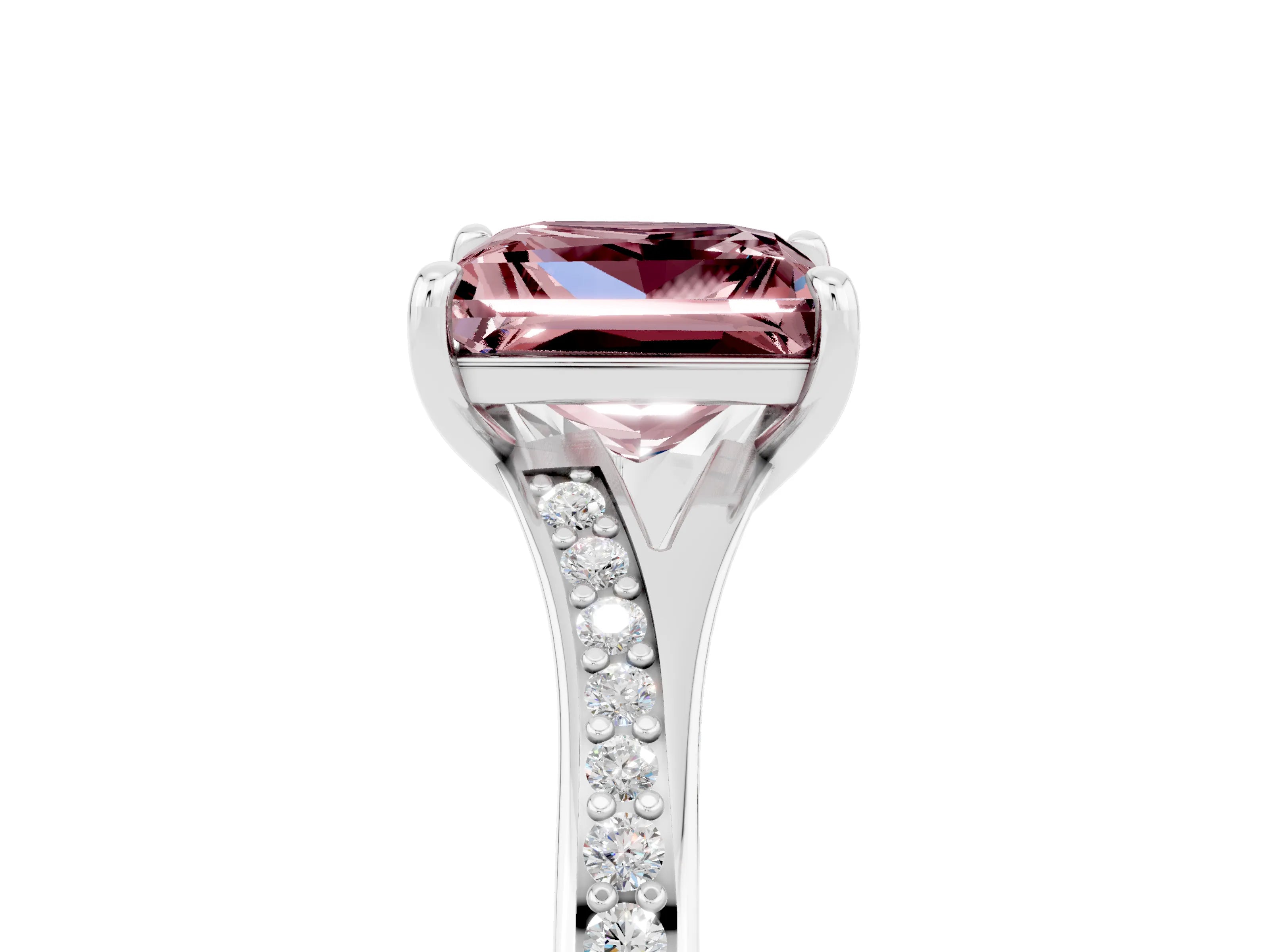 White gold Princess Cut Morganite Solitaire Ring with Pavé Band and Prong Setting_5