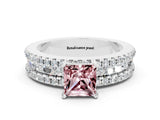 White gold Princess Cut Morganite Solitaire Ring with Pavé and Channel Set Band