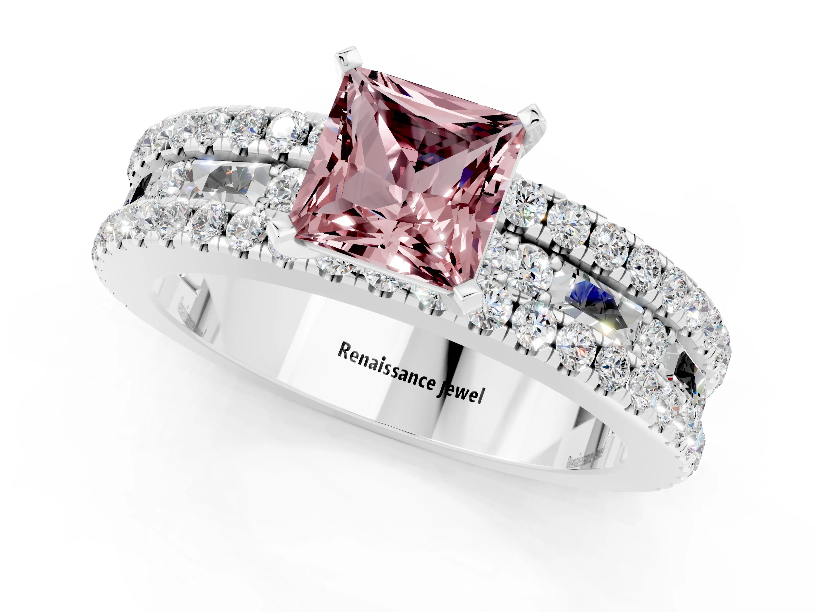 White gold Princess Cut Morganite Solitaire Ring with Pavé and Channel Set Band_1