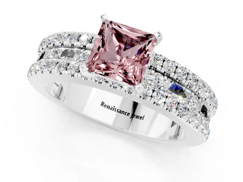 White gold Princess Cut Morganite Solitaire Ring with Pavé and Channel Set Band_1