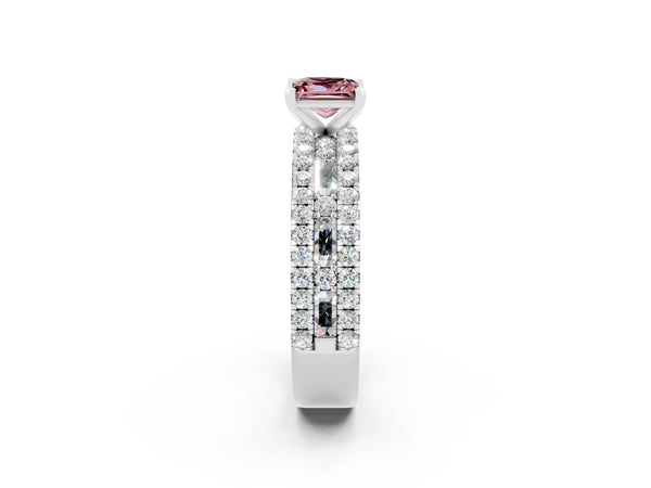 Platinum Princess Cut Morganite Solitaire Ring with Pavé and Channel Set Band