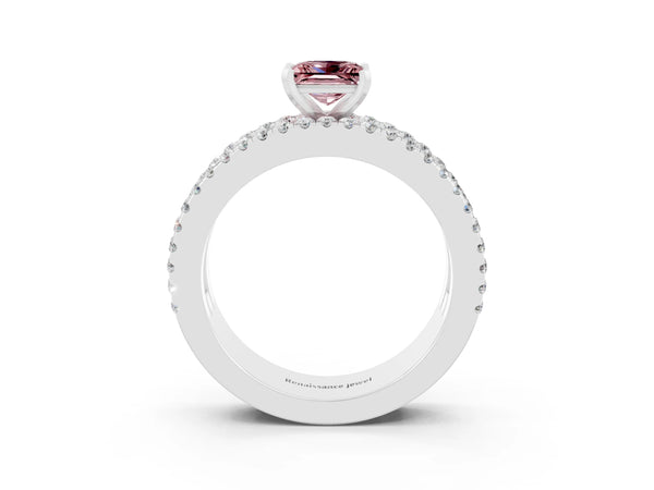 Platinum Princess Cut Morganite Solitaire Ring with Pavé and Channel Set Band