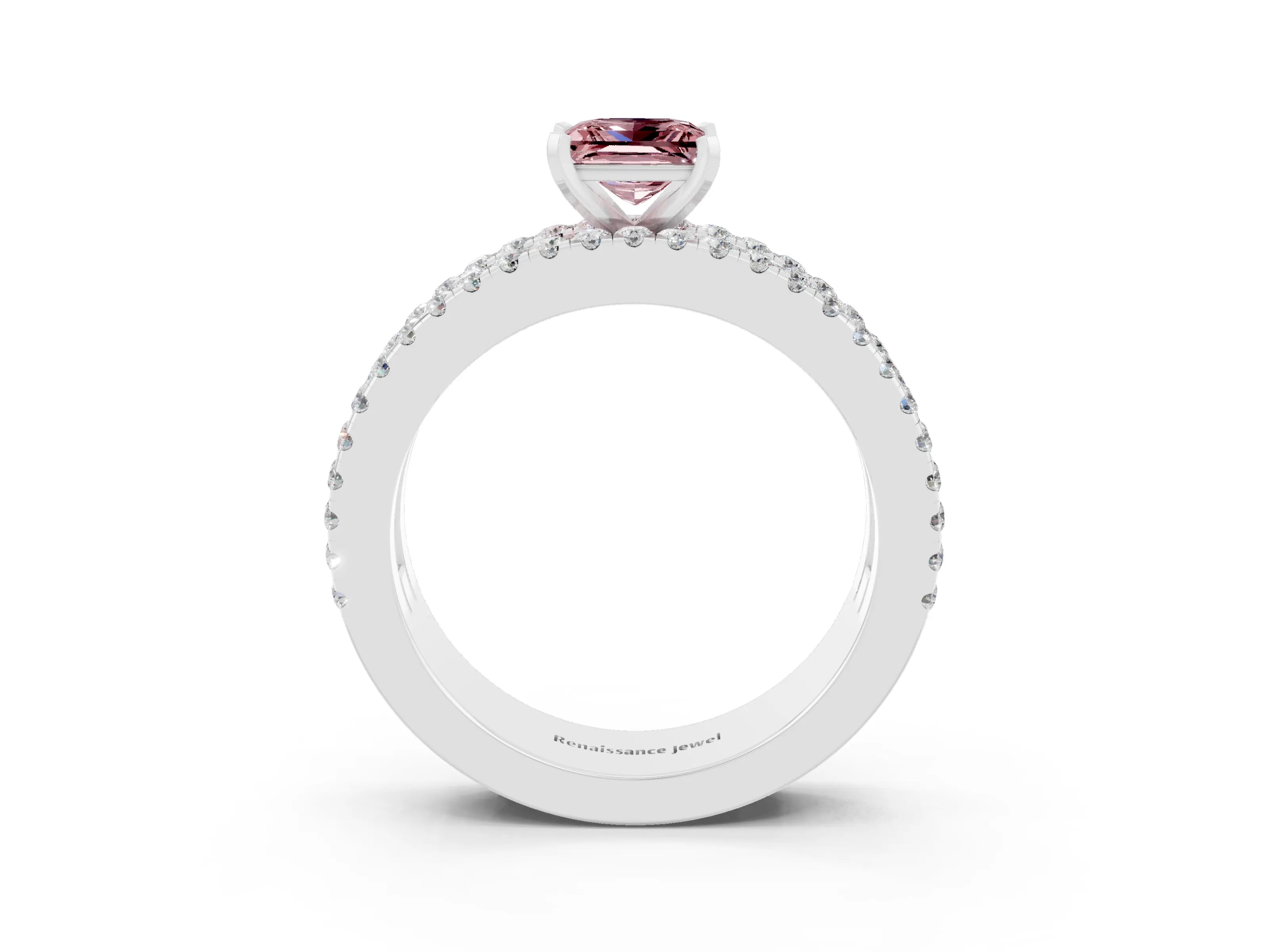 White gold Princess Cut Morganite Solitaire Ring with Pavé and Channel Set Band_3