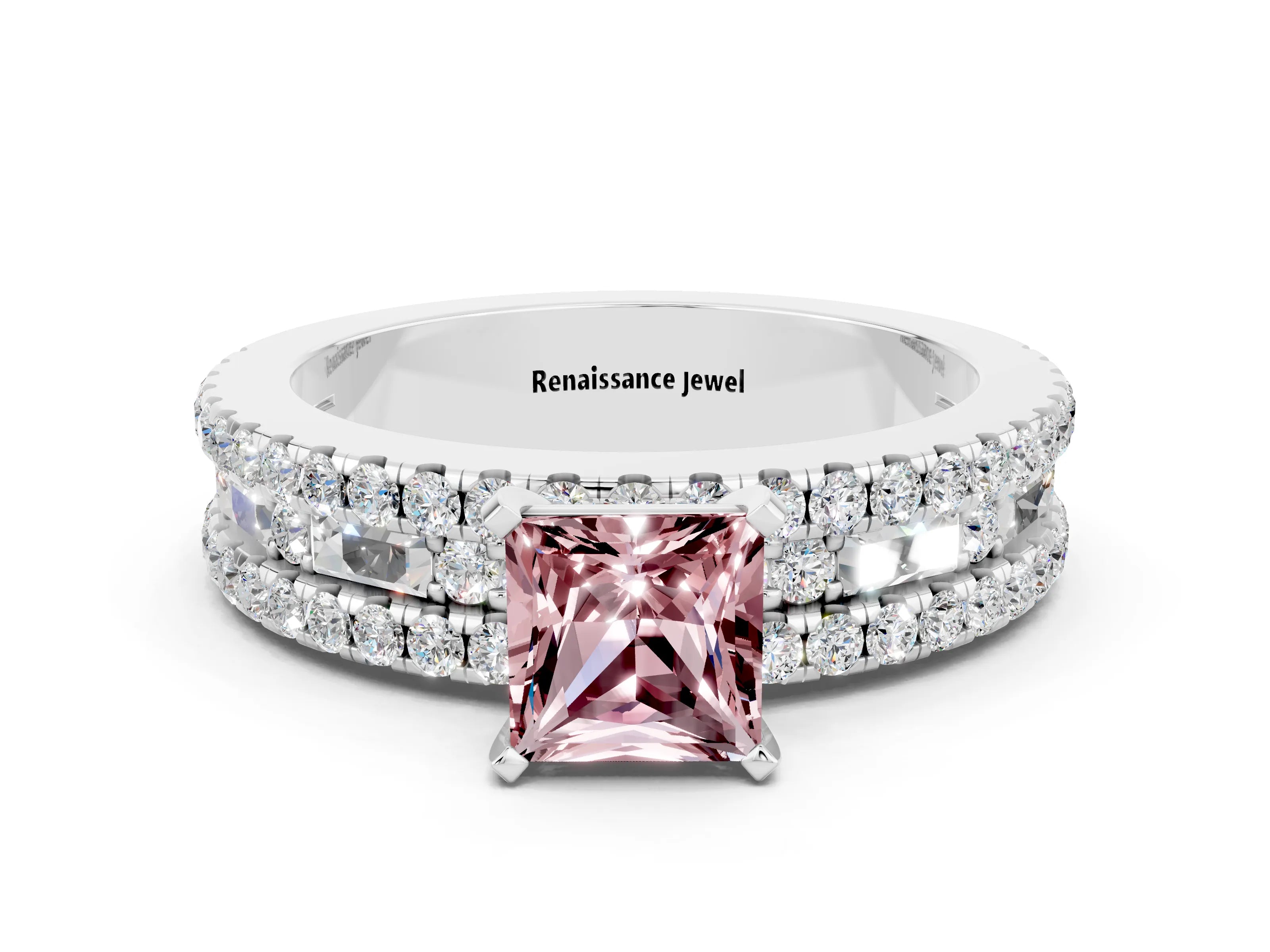 White gold Princess Cut Morganite Solitaire Ring with Pavé and Channel Set Band