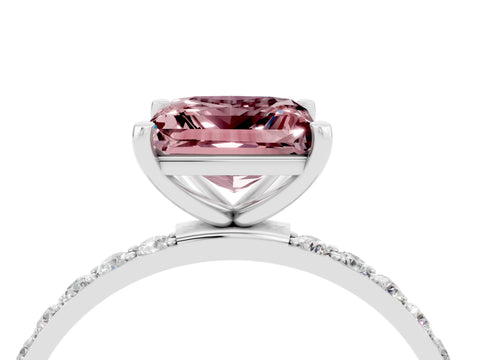 White gold Princess Cut Morganite Solitaire Ring with Pave Band and Four Prong Setting_16