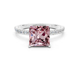 White gold Princess Cut Morganite Solitaire Ring with Pave Band and Four Prong Setting_24