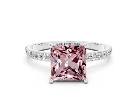 White gold Princess Cut Morganite Solitaire Ring with Pave Band and Four Prong Setting_24