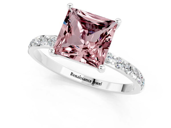 Silver Princess Cut Morganite Solitaire Ring with Round  Pavé Band and Prong Setting